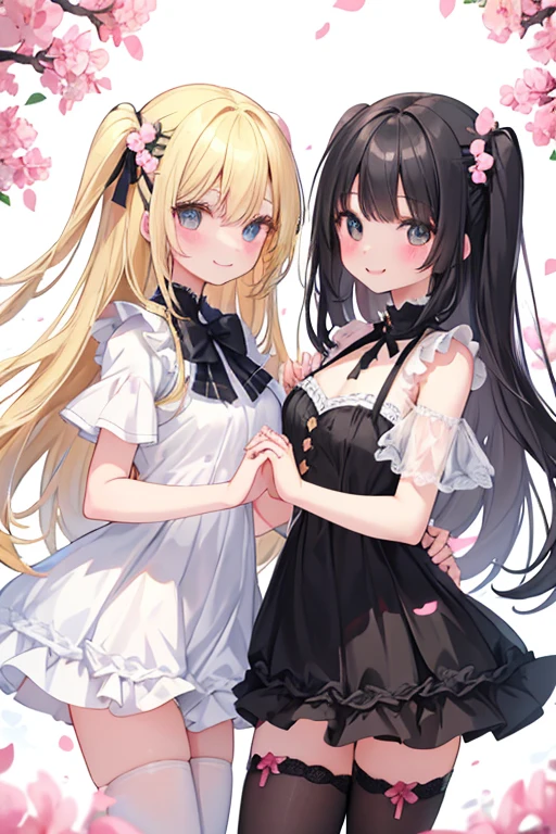 beautiful illustrations, highest quality, pretty girl,beautiful girl、clear face、 half girl、pastel colour ,blonde、black hair、black eyes、smile、blush、にこやかなsmile、thighs、Devil girl and angel girl、two girls、fantasy、fantasy、perfect hands、five fingereet、facing each other、