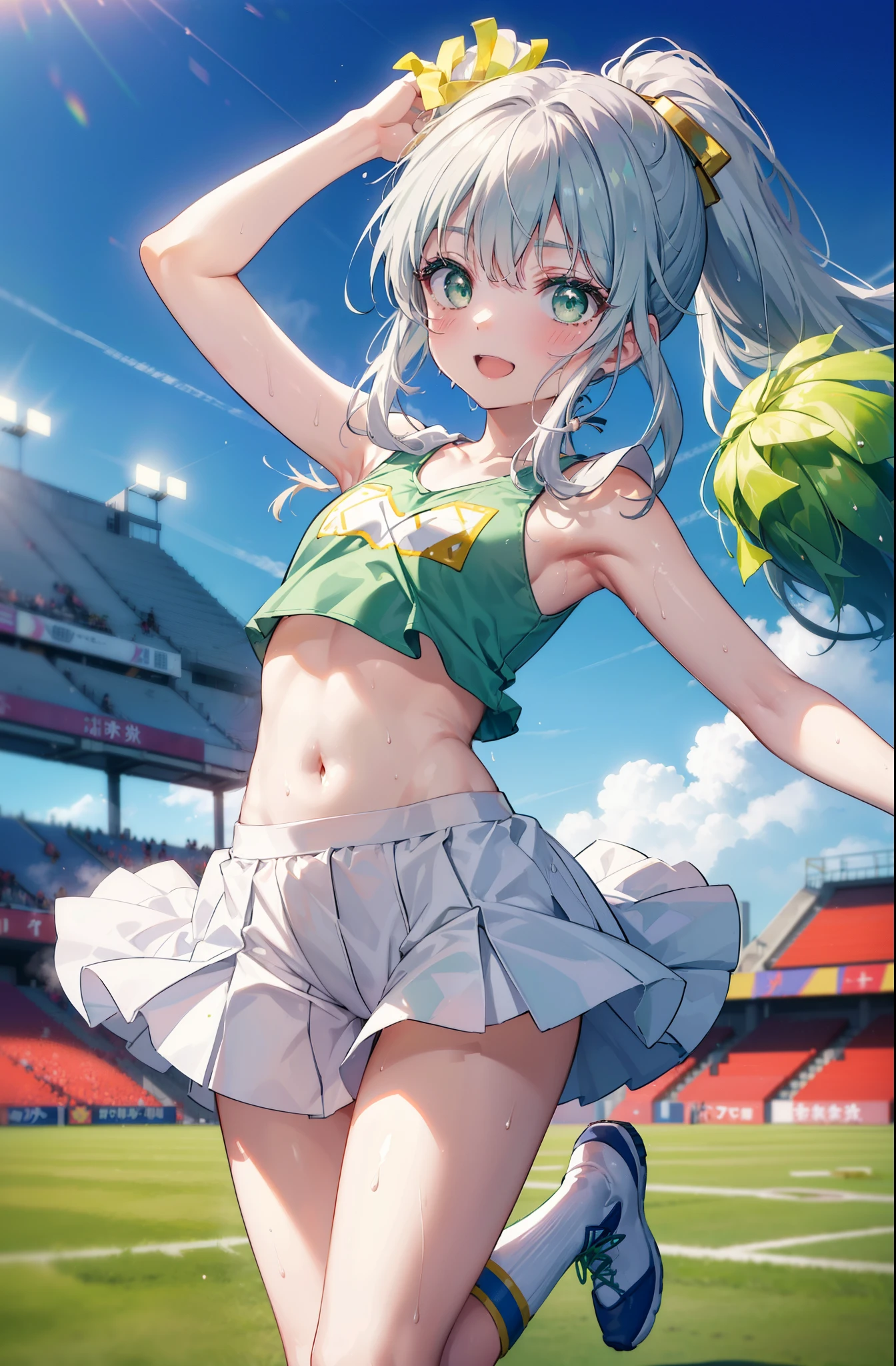 index, index, (green eyes:1.5), silver hair, long hair, (flat chest:1.2),smile,blush,open your mouth,ponytail,(Cheerleader), (whole body), lower, (sweaty), sweaty Wet Clothes, (white clothes), , Belly button support, playground, (jump), (jump), 足を曲げてjumpする, air, blue sky, Grass原, smile,Cheerleader, pom pom \(Cheerleader\), Grass, smile, 
break looking at viewer, Upper body, whole body,
break indoors, stadium,
break (masterpiece:1.2), highest quality, High resolution, unity 8k wallpaper, (shape:0.8), (fine and beautiful eyes:1.6), highly detailed face, perfect lighting, Very detailed CG, (perfect hands, perfect anatomy),