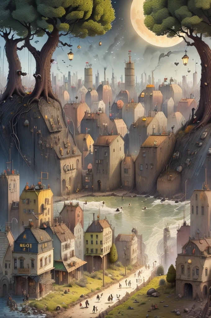 ((goblin city: 1.5)), (masterpiece), (Best quality: 1.0), (Ultra-high resolution: 1.0), detailed illustration, detailed landscape, vibrant colors goblins walking through the city, 8K, night, moon clouds, ((magical, beautiful, trees: 1.4 )), ((Best quality, vibrant, 32k light and well-defined shadows)).