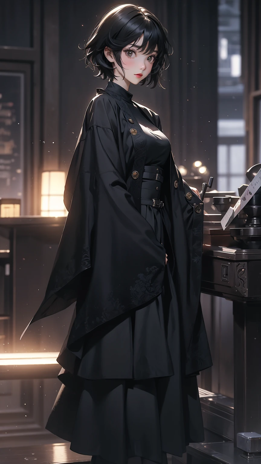 ((Highly detailed CG unit 8k wallpaper, masterpiece, High resolution, highest quality, highest qualityのリアルテクスチャスキン)), (Head to shin composition:1.5, Fashion pose with hands in pockets:1.5, A cool NY fashion girl influenced by nostalgic and inorganic mode fashion., detailed costume:1.4, Coordination of black layered maxi skirt and color block top:1.3, Asymmetrical short hair, Nana Komatsu), (blurred background, Vintage-inspired interior, No people), hyper realistic, digital painting, concept art,