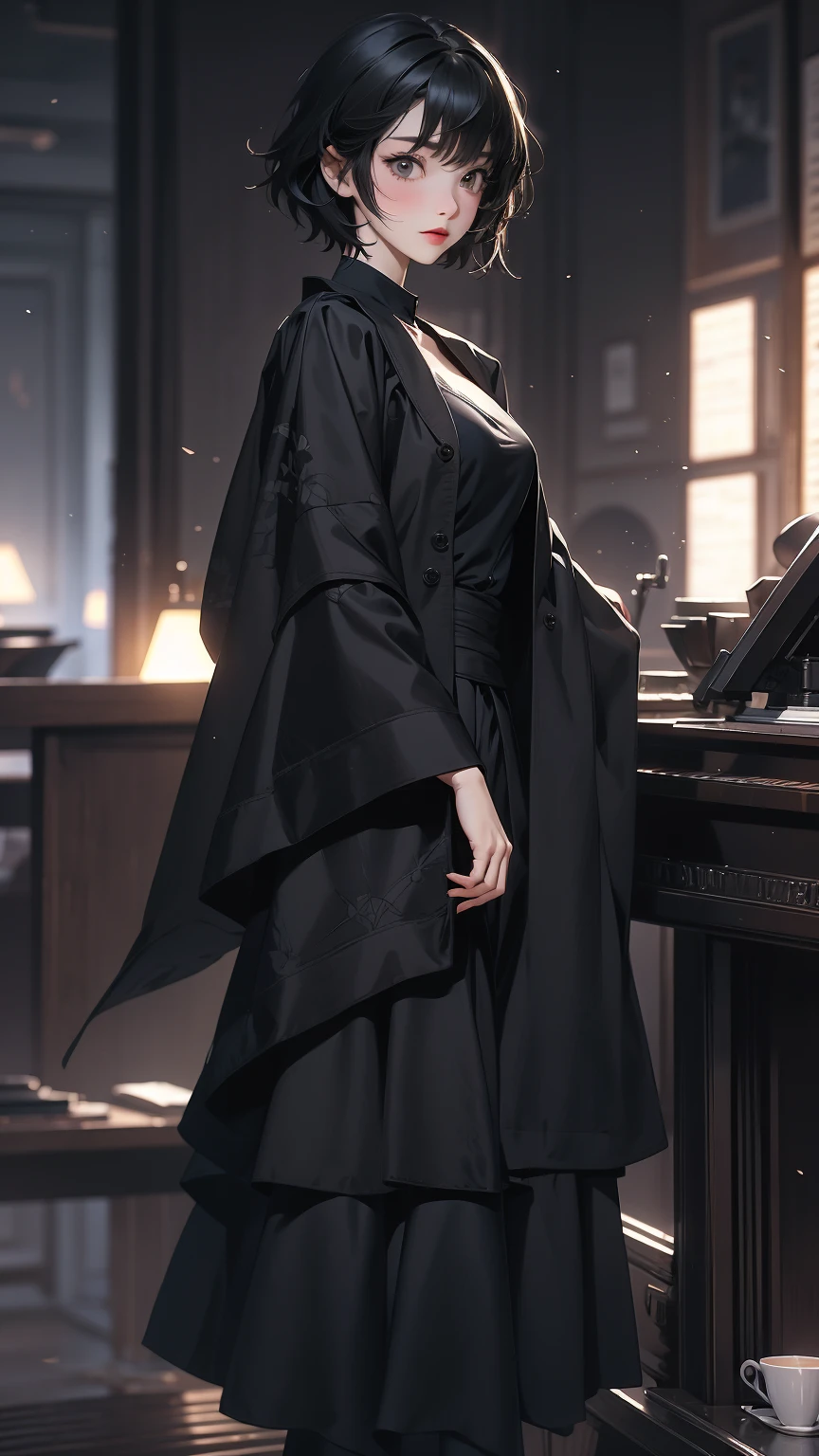 ((Highly detailed CG unit 8k wallpaper, masterpiece, High resolution, highest quality, highest qualityのリアルテクスチャスキン)), (Head to shin composition:1.5, Fashion pose with hands in pockets:1.5, A cool NY fashion girl influenced by nostalgic and inorganic mode fashion., detailed costume:1.4, Coordination of black layered maxi skirt and color block top:1.3, Asymmetrical short hair, Nana Komatsu), (blurred background, Vintage-inspired interior, No people), hyper realistic, digital painting, concept art,