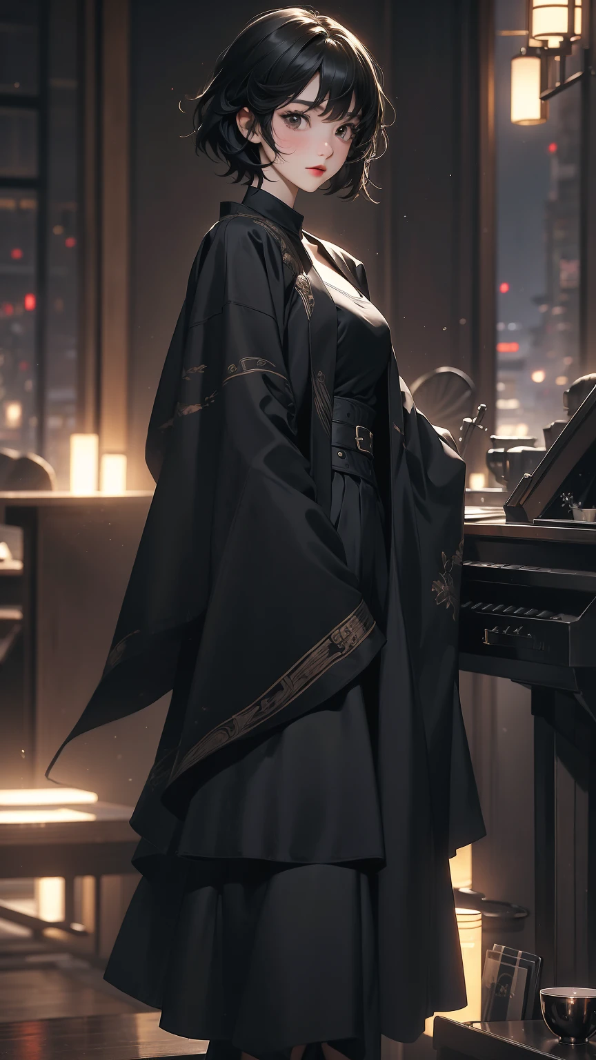 ((Highly detailed CG unit 8k wallpaper, masterpiece, High resolution, highest quality, highest qualityのリアルテクスチャスキン)), (Head to shin composition:1.5, Fashion pose with hands in pockets:1.5, A cool NY fashion girl influenced by nostalgic and inorganic mode fashion., detailed costume:1.4, Coordination of black layered maxi skirt and color block top:1.3, Asymmetrical short hair, Nana Komatsu), (blurred background, Vintage-inspired interior, No people), hyper realistic, digital painting, concept art,