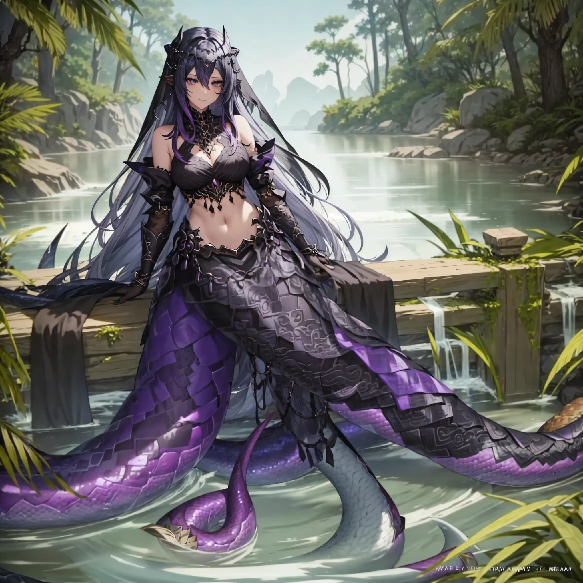 Lamia. metallic black and purple fashion. face veil. long gloves. eyes motif hair ornament. swamp. anime style. full body image.