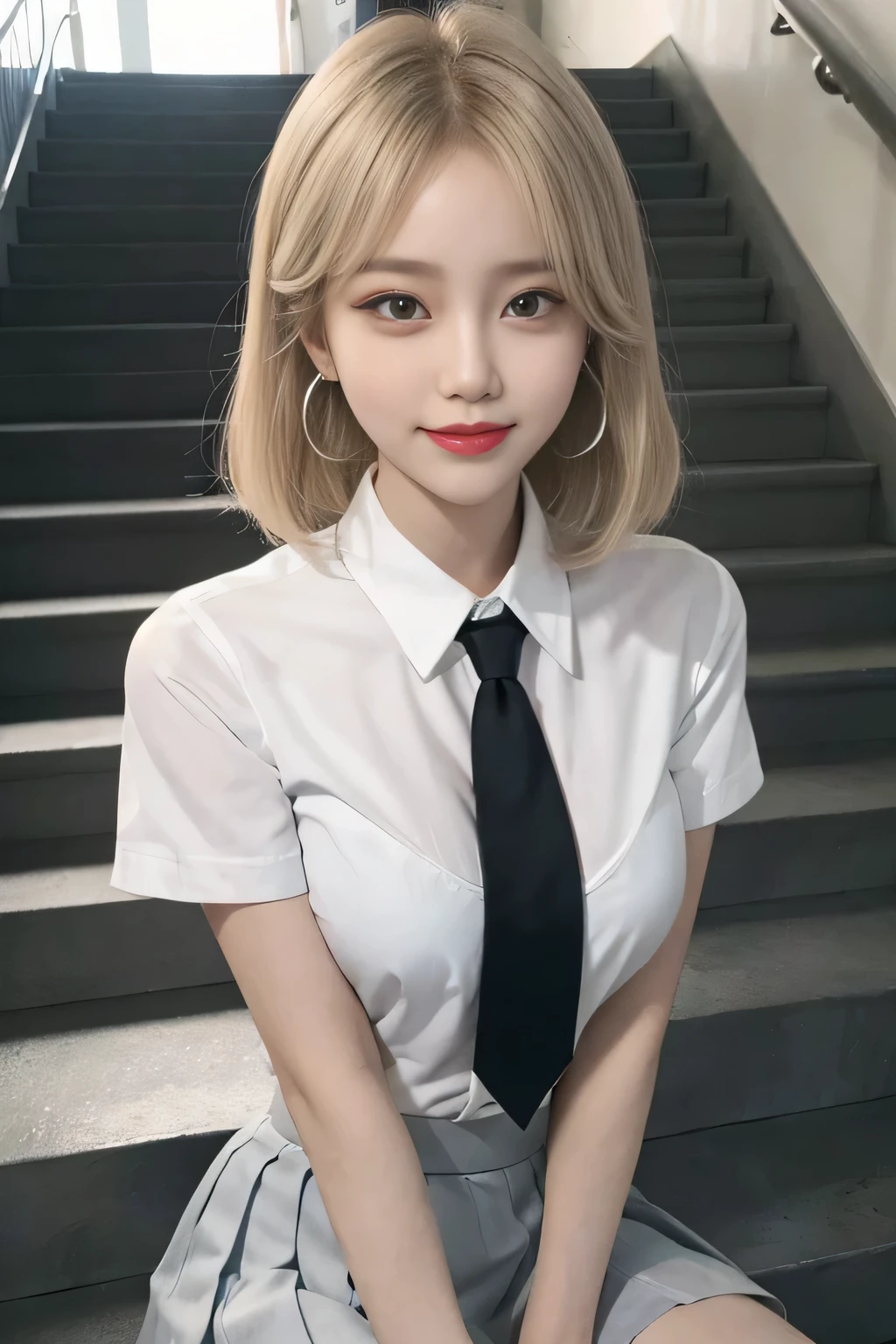 gray eyes, Korean , summer shirt, ribbon tie, skirt, bright blonde, school stairs, going down school stairs, Pose that sticks out the chest, Pose that shows your chest, 8k RAW photo, High resolution, 16 year old cool Korean, very big round breasts, Beautiful eyes in detail, long eyelashes, beautiful double eyelids, eye shadow, eyeliner, narrow eyes, elongated eye shape, three white eyes, evil smile, evil look, Very slender and beautiful legs, Beautiful very thin thighs, random medium hair, hair tied at the back of the head, earrings,