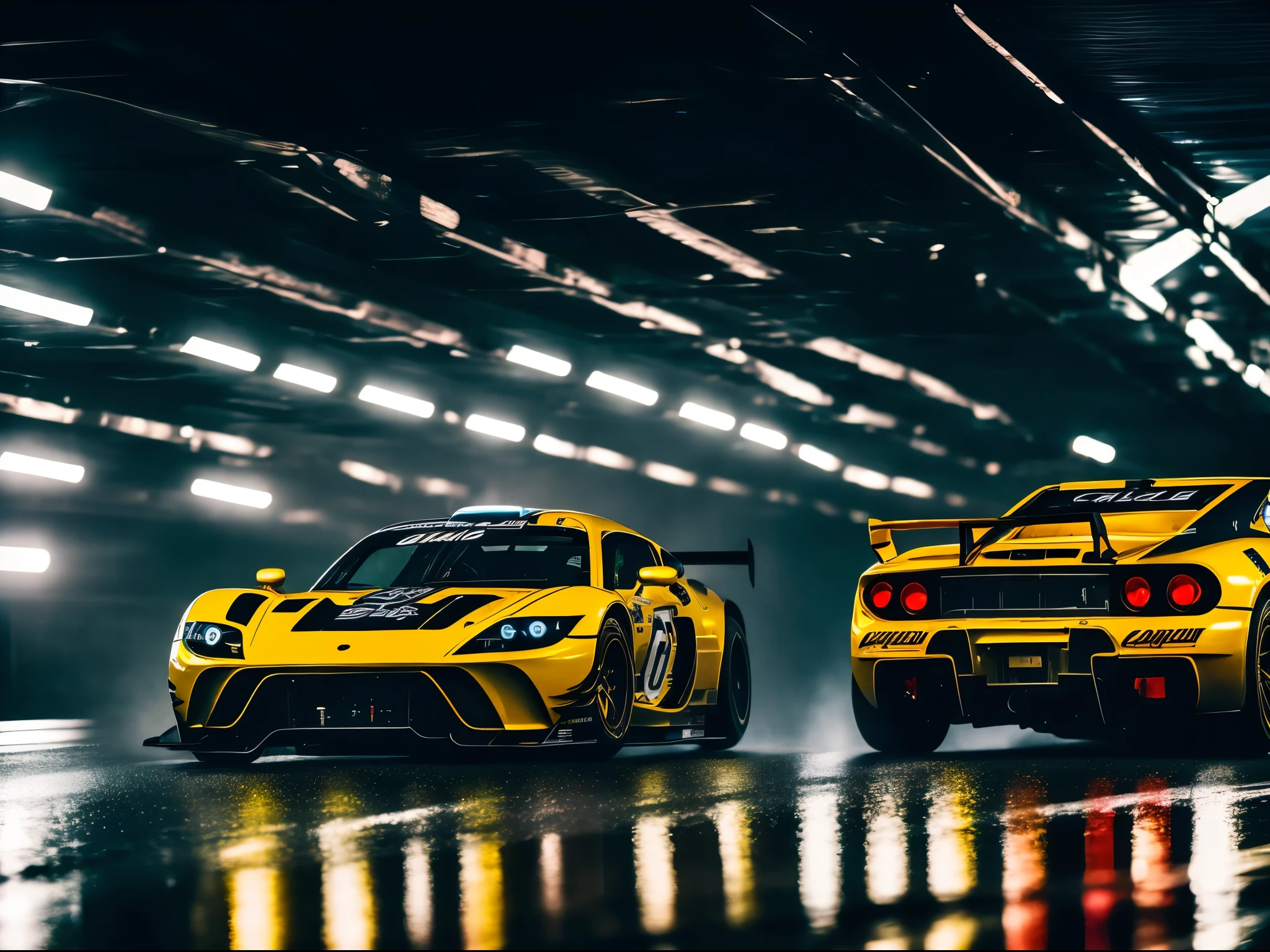 Cinematic shot of a sport car fast running in busy racing speedway, rain, angle, duotone, black, gold, cinestill 50d, style raw, cinematic lighting, movement, speed