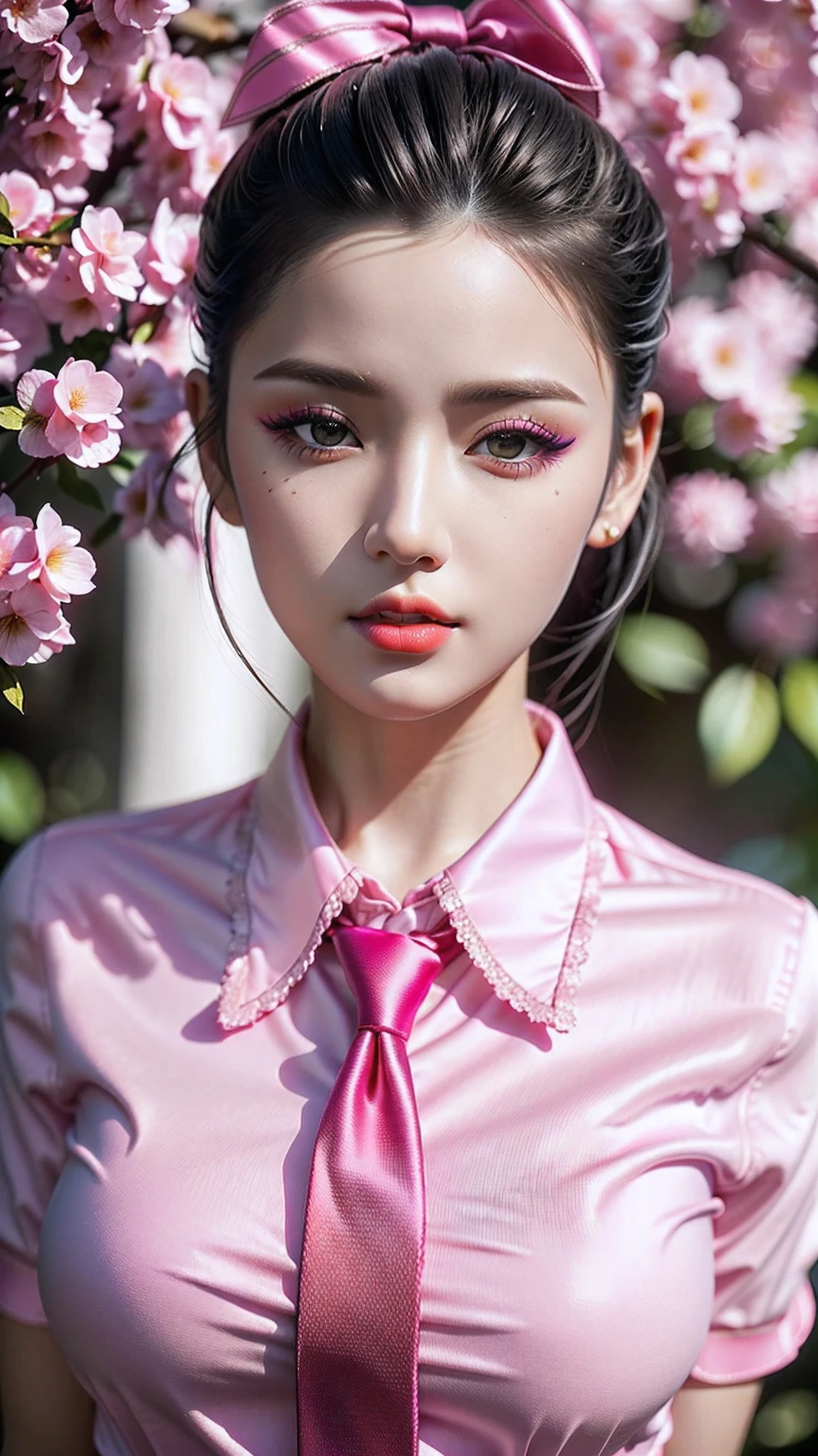 Divide Ratio : 1,1,1 Base Ratio: (portrait),beauty (mixed girls) in (highly detailed 32k absurd art of a ((girl 18-year-old)) ),fashion supermodel,(best high quality real texture skin:1.3),((ebony skin female:1.2)),(best quality texture hair:1.4),BREAK,((short bright dark hair((slicked to the side)) extremely detailed:1.3)),((outside,an orchard of blooming cherry trees:1.3)),(best high quality:1.4),(photo realistic:1. 5),(Hyperrealism:1.5),((sharp focus)),(highest resolution),((soft neon lighting on the face and body)),(perfect proportions),(anatomically correct),(perfect female body),(firm normal full breasts:1.3),slim face,beautiful cheekbones,((slim,swell-muscled body:1.24)),(Super beautiful face),(realistic face),(highly detailed face:1.5),absurd(ultra detailed eyes), finely detailed face,finely quality eyes,(tired and sleepy and satisfied:0.0),(close up of a woman's eye with a digital rendering),realistic eyes,perfect round eyes,finely detailed pupils,(dark black_eyes:1.28),BREAK,detailed lips:1.3,(pink_lipstick:1.2),pink_makeup:1.3, long_blue_eyeliner:1.35, perfect dark_eyeshadows:1.35, there a close up of a woman's, (super detailed makeup on eyes:1.3), iridescent eyes, with professional makeup, vibrant eyes:1.2, (Detailed nose:1.2),BREAK,((super extravagant (Pink collared blouse shirt) wear red tie:1.25)),small head:1.4,BREAK,(ornament red ribbon on head),exquisite balance of shadows,perfect composition,((upper body shot:1.3)),((look at the viewer)), Hasselblad, 50mm f/2.2