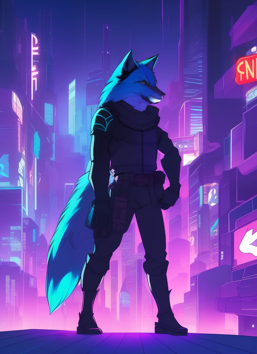award winning beautiful portrait commission of a male furry anthro Blue wolf fursona with a tail and a cute beautiful attractive detallado furry face wearing stylish black cyberpunk clothes in a cyberpunk city at night while it rains. Character Design by Charlie Bowater., ross tran, germen de arte, y makoto shinkai, detallado, entintado, western comic book art