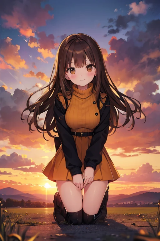 high quality, art, girl alone, straight brown hair loose in the middle of the back, brown eyes, smiling, yellow long-sleeved dress, fitted turtleneck, short fitted skirt, 60's style boots, standing pose, hands on knees, looking towards the camera that is at ground level, sunset on the rise of a hill, orange sky about to set.