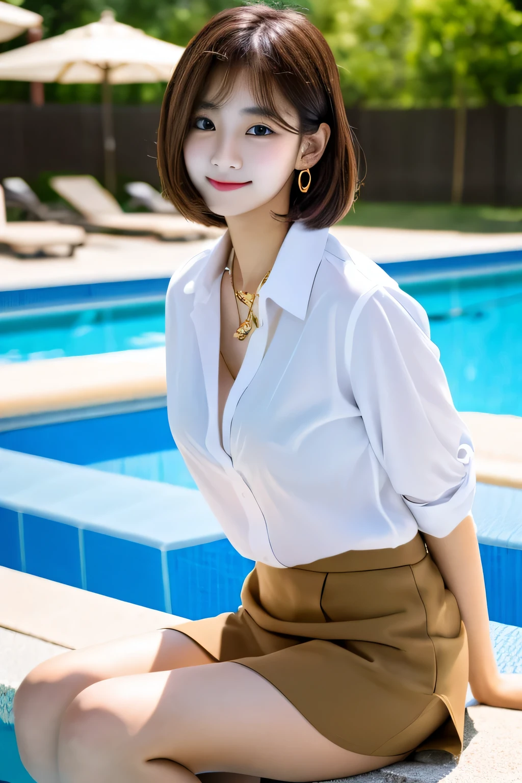 korean , shirt, ribbon, skirt, light brown hair, school poolside, Poolside bench, 8k RAW photo, High resolution, 16 year old cool korean, big round breasts, Beautiful eyes in every detail, long eyelashes, beautiful double eyelids, long slit eyes, elongated eye shape, Three white eyes, duck mouth, evil smile, evil look, very slender and beautiful legs, Beautiful very thin thighs, random short hair, hair tied at the back of the head, earrings, necklace,