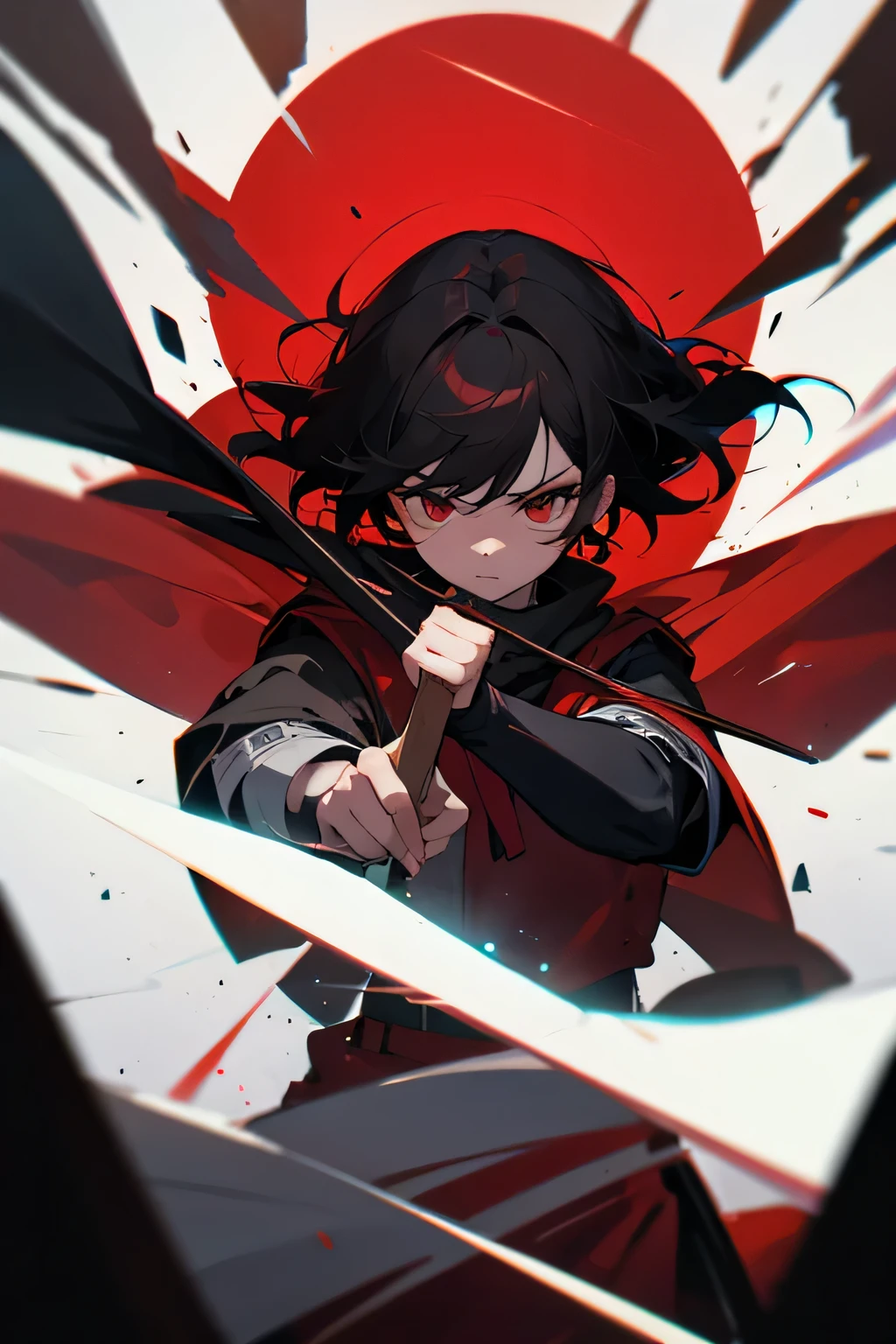 1 chico, pelo blanco corto, ojos rojos, vistiendo una chaqueta negra, usando una cinta roja como bufanda, sad, descendente, Rodeado de cristales rotos, mirando hacia el lado, mirando directamente al espectador, tiro en la parte superior del cuerpo, absurdos, high resolution, ultra-sharp, 8K, obra maestra