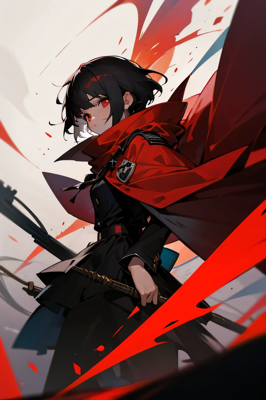 1 chico, pelo blanco corto, ojos rojos, vistiendo una chaqueta negra, usando una cinta roja como bufanda, sad, descendente, Rodeado de cristales rotos, mirando hacia el lado, mirando directamente al espectador, tiro en la parte superior del cuerpo, absurdos, high resolution, ultra-sharp, 8K, obra maestra