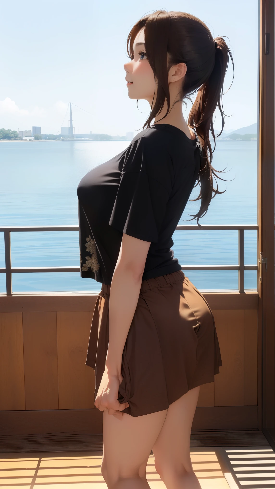 大きいゆったりとした黒いT-shirtを着た日本女性、 ((highest quality)), ((intricate details)), (((超realistic)), absurd solution, law of near and far, very detailed, realistic, 1 girl, ((big breasts)), perfect hands, perfect fingers, beautiful and fine eyes, ponytail, brown eyes,(T-shirt:1.2), Tight Skirt, detailed background, , perfect eyes, enchanting eyes, laughter、thighs、((From the side:1.3))、look back、(((Full body photo)))