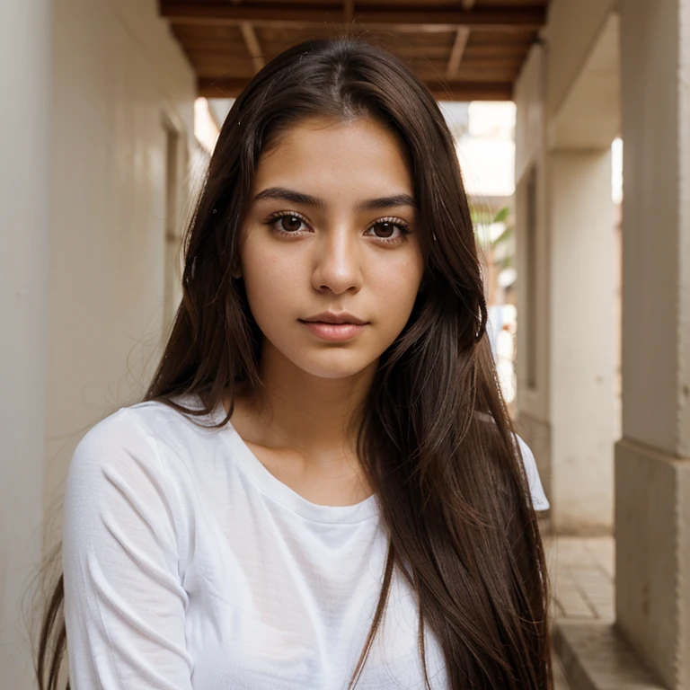 Create the image of a 22 year old Colombian woman, straight, brown, long hair, brown eyes, white skin