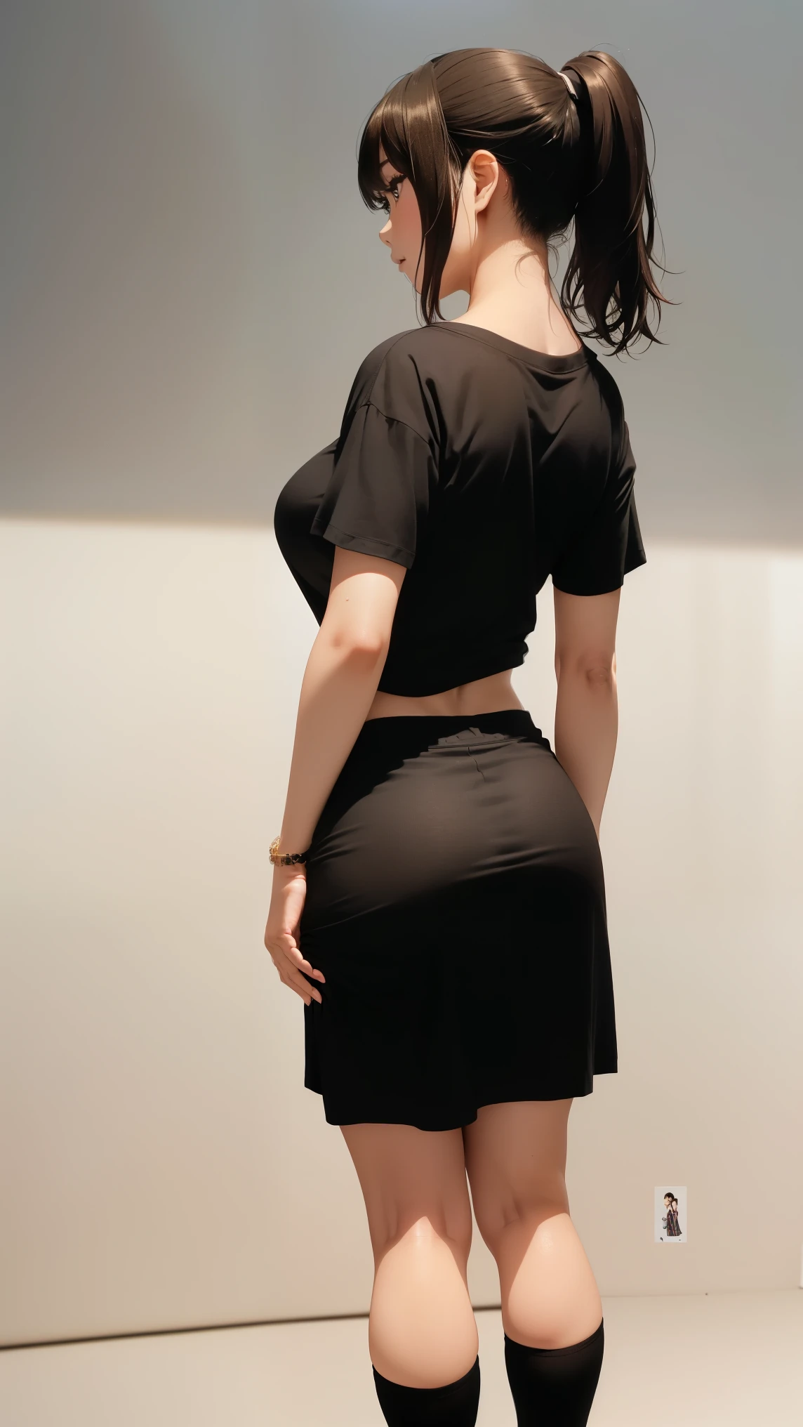 大きいゆったりとした黒いT-shirtを着た日本女性、 ((highest quality)), ((intricate details)), (((超realistic)), absurd solution, law of near and far, very detailed, realistic, 1 girl, ((big breasts)), perfect hands, perfect fingers, beautiful and fine eyes, ponytail, brown eyes,(T-shirt:1.2), Tight Skirt, detailed background, , perfect eyes, enchanting eyes, laughter、thighs、((back view:1.3))、look back、(((Full body photo)))