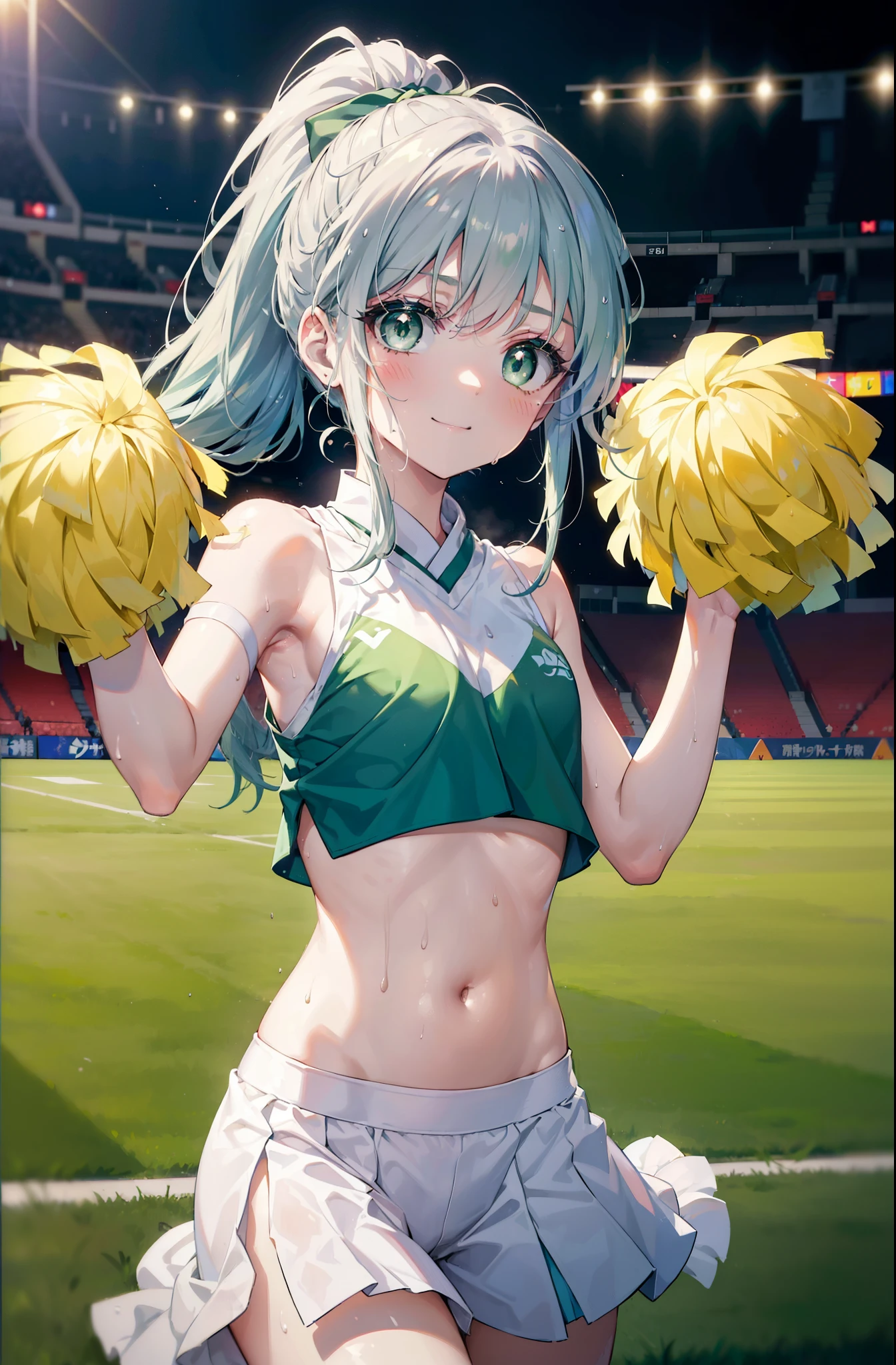 index, index, (green eyes:1.5), silver hair, long hair, (flat chest:1.2),smile,blush,open your mouth,ponytail,(Cheerleader), (whole body), lower, (sweaty), sweaty Wet Clothes, (white clothes), , Belly button support, playground, (jump), (jump), 足を曲げてjumpする, air, blue sky, Grass原, smile,Cheerleader, pom pom \(Cheerleader\), Grass, smile, 
break looking at viewer, Upper body, whole body,
break indoors, stadium,
break (masterpiece:1.2), highest quality, High resolution, unity 8k wallpaper, (shape:0.8), (fine and beautiful eyes:1.6), highly detailed face, perfect lighting, Very detailed CG, (perfect hands, perfect anatomy),