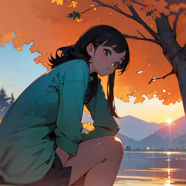 A girl sitting under a tree while watching the sunset