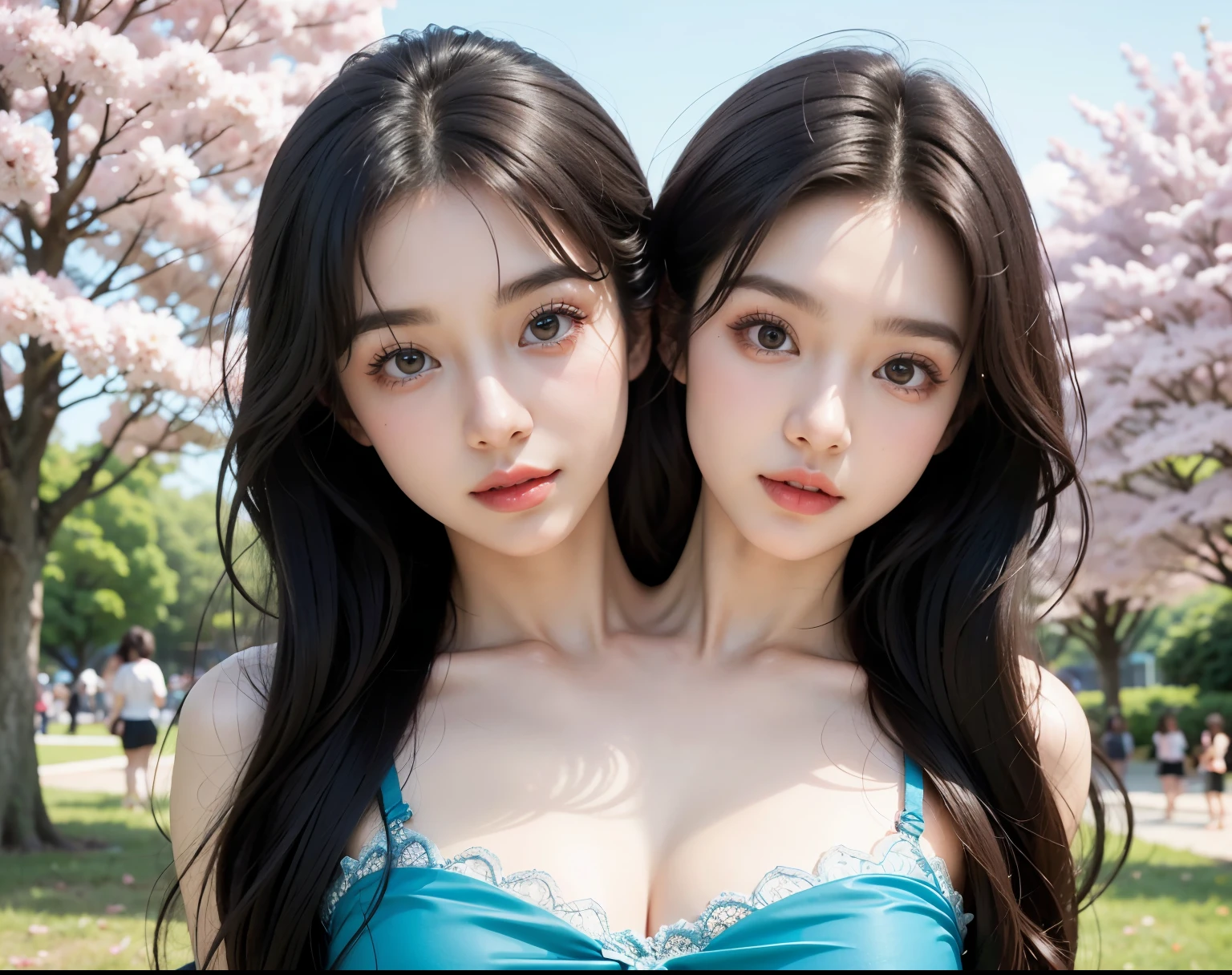 bestresolution, (2heads:1.2), princesses, decorations in hair, at the park, cherry blossoms, pink dress, lots of jewellery, crowns two asian teenage girls,in blue dresses posing for a picture, beautiful gemini twins portrait, beautiful gemini twins, korean symmetrical face, with a twin, third eyes middle of foreheads, two identical symmetrical eyes, siamese twins, jaeyeon nam, ji-min, park ji-min, beautiful sci - fi twins, female actress from korea, twins, cute korean actress