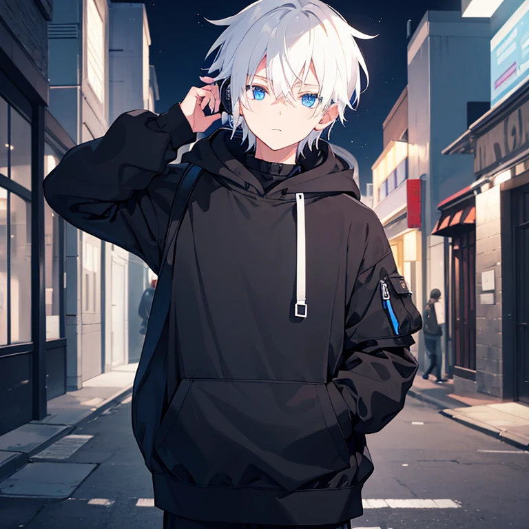A boy with black hoodie and black school backpack and black headphones, Messy white hair, On the street, (Best quality, Top quality), Blue eyes, Night.