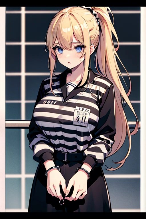 blonde hair, long hair, ponytail, blue eyes, black and white striped jumpsuit, prison uniform, prisoner, prisoned, jailed, jail cell, huge breasts, handcuffed, chained