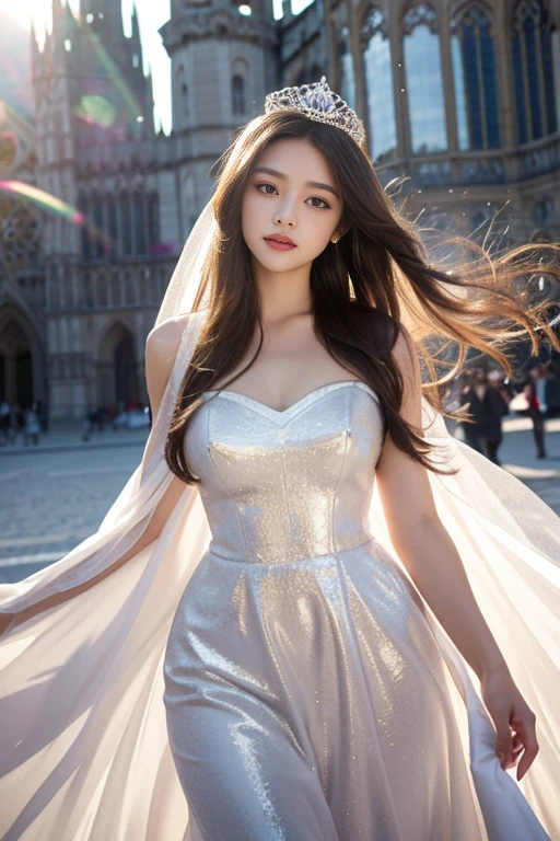 best quality, masterpiece, 1 girl, yak, Cute teenagers, shiny lips, Sweet, The sun is dazzling, conservative dress, Wedding dress, bridal tiara, depth of field, blurred background, cathedral background, light particles, Strong wind, head tilt, long hair,