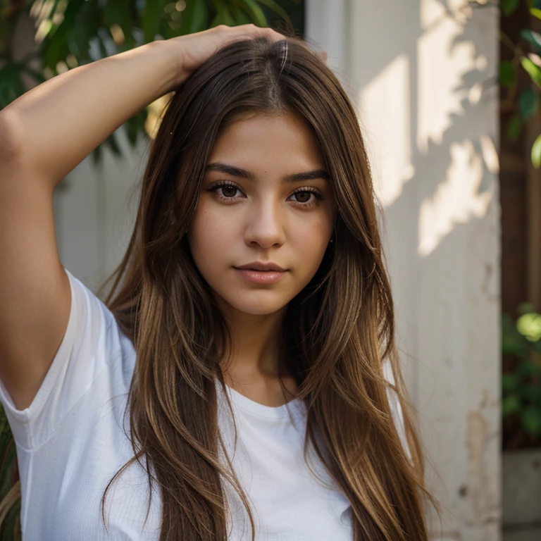 of the highest quality、Obra maestra 8k、Ultra high resolution、(realista:1.3)、foto cruda、Hermosa chica escandinava rubia brillante、Hermoso cabello rubio platino brillante、super long straight hair、golpes entre los ojouy hermosos ojos azul claro brillante.、ojos muy grandes、Eyes shining towards the camera.、neon details、small face beauty、Cara redonda、resaltado de brillo de mejillas、Pechos grandes y atractivos,A beautiful 13 year old girl looks sexy and cute. & Linda cara hermosa y sexy, El fuerte viento me mueve el pelo delante de la cara.,Beautiful super long metallic blonde straight hair with beautiful cute and sexy eyes hidden behind long bangs、Camisa ombligo、Minifalda muy corta de cuadros amarillos y negros.、Turn around and look at me with a smile、