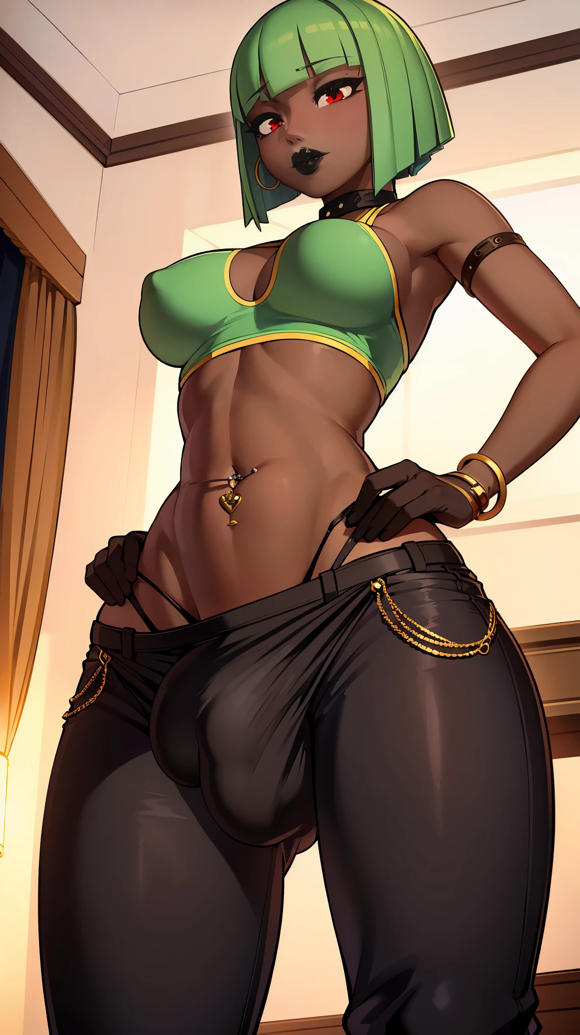 (solo:1.1),(masterpiece), (best quality:1.3), highly detailed, intricate, professional art, digital art, absurdres, confidant, emerald sustrai, futanari emerald sustrai wearing a white and green leotardwith arm gloves and pants confidently posing clutching-crotch indoors, (pants:1.6), 1girl, solo, (dark skin:1.4), green hair, bob hair, gold hoop earrings, gold jewellery, ab lines,(gold navel piercing:1.1), detailed stomach, red eye colour, dark skin, average breasts, (aroused:1.2), (futanari:1.1), (wide hips:1.4), (makeup 1:1), beestung lips, (black lipstick:1.3), penis bulge, panty straps riding hips, (crotch bulge:1.4), crotch bulge, testicle bulge , furniture, angled view, universal lighting