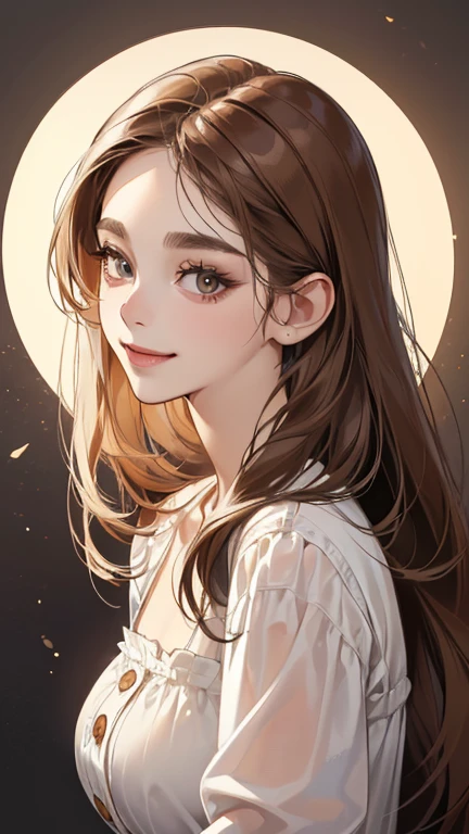 (table top, digital illustration, 4k, 8k, Super detailed, beautiful images, clear image, perfect face, perfect lines, perfect eyes, soft lighting) 1 female, (brown long  hair,innocent look,look at viewer, side view,Over-the-shoulder ,Thin Eyebrows ,droopy eyes、With a round face,round chin、innocence,cute,Big eyes,natural makeup,smile gently,D cup,27 years old:1.3), full of light,(embarrassing,shy smile:1.2)