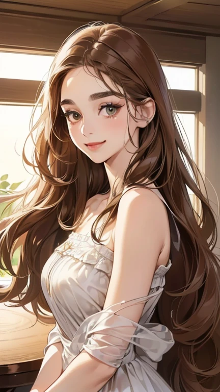 (table top, digital illustration, 4k, 8k, Super detailed, beautiful images, clear image, perfect face, perfect lines, perfect eyes, soft lighting) 1 female, (brown long  hair,innocent look,look at viewer, side view,Over-the-shoulder ,Thin Eyebrows ,droopy eyes、With a round face,round chin、innocence,cute,Big eyes,natural makeup,smile gently,D cup,27 years old:1.3), full of light,(embarrassing,shy smile:1.2)