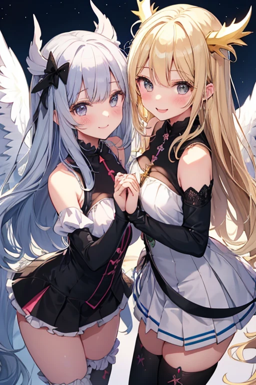 beautiful illustrations, highest quality, pretty girl,beautiful girl、clear face、 half girl、pastel colour ,blonde、black hair、black eyes、smile、blush、にこやかなsmile、thighs、Devil girl and angel girl、two girls、fantasy、fantasy、perfect hands、five fingereet、facing each other、