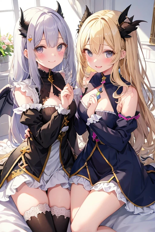 beautiful illustrations, highest quality, pretty girl,beautiful girl、clear face、 half girl、pastel colour ,blonde、black hair、black eyes、smile、blush、にこやかなsmile、thighs、Devil girl and angel girl、two girls、fantasy、fantasy、perfect hands、five fingereet、facing each other、