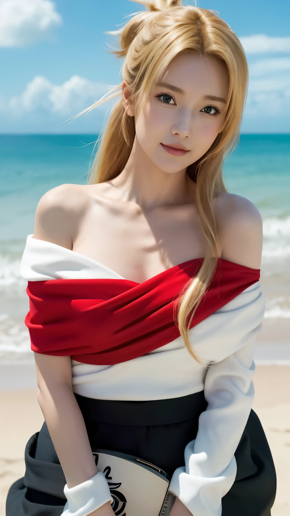 tmasterpiece, best quality, 1girl，Off-the-shoulder attire，looks into camera，Be red in the face，ssmile，largeeyes，Close-up，Huge fan，the sea，​​clouds，beachside，golden hair ,anime charakter Realistic .Temari(Naruto):wrise(LoRA)