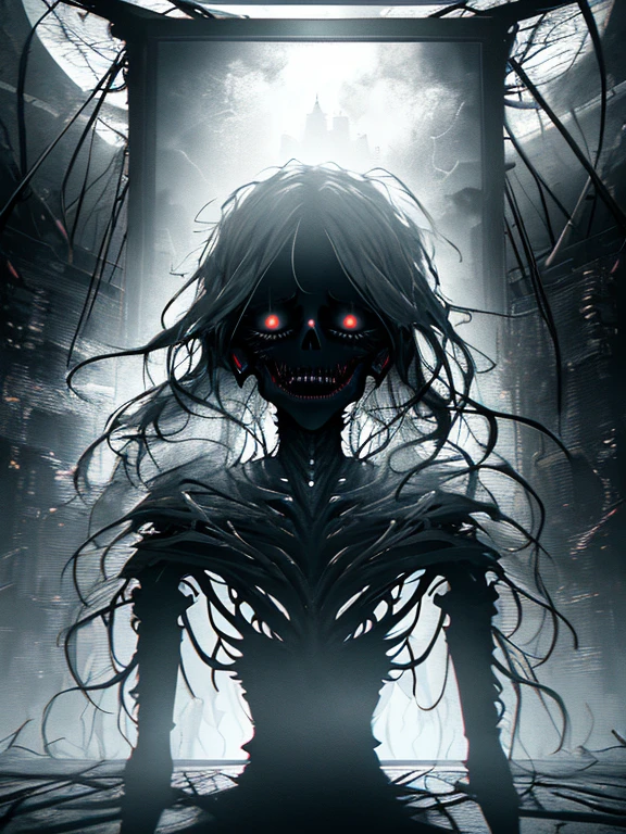 A terrifying and surreal masterpiece, highest quality, Thrills and chills, Super detailed CG Unity 8k wallpaper of scary apparition, Ghost Lady, Emerging from a TV screen filled with static electricity, Unforgettable and eerie scenes, dark and creepy, Shadows and flickering light, Realistic and amazing details, Enough to send a shiver down anyone's spine.