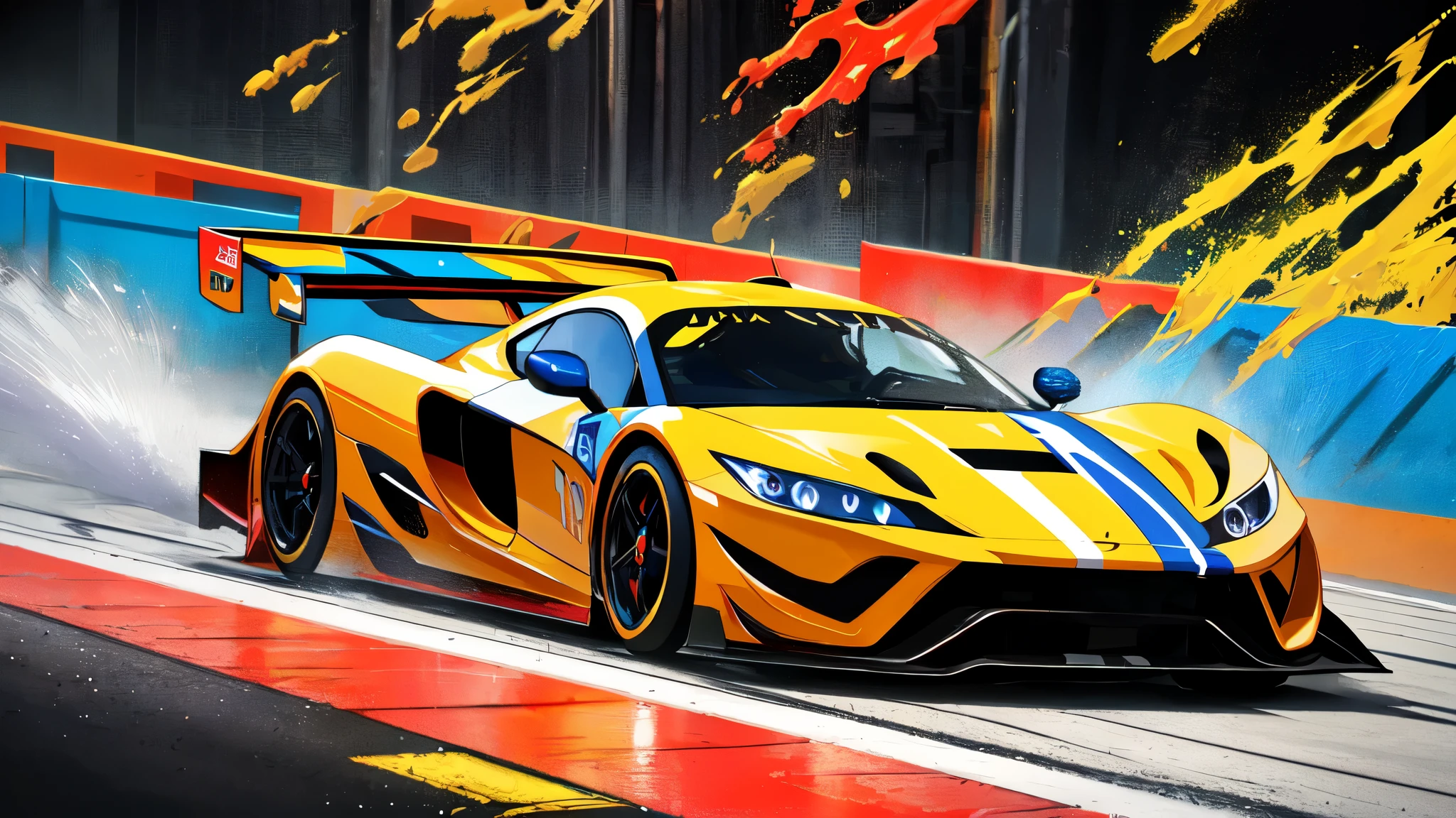 (8K, highest quality, masterpiece: 1.2), High-definition RAW color photo, Professional photography, smile, Happy, Charm, speeding sports car, Rich color background, Charm background, colorful background, (splashed color, Splash paint)