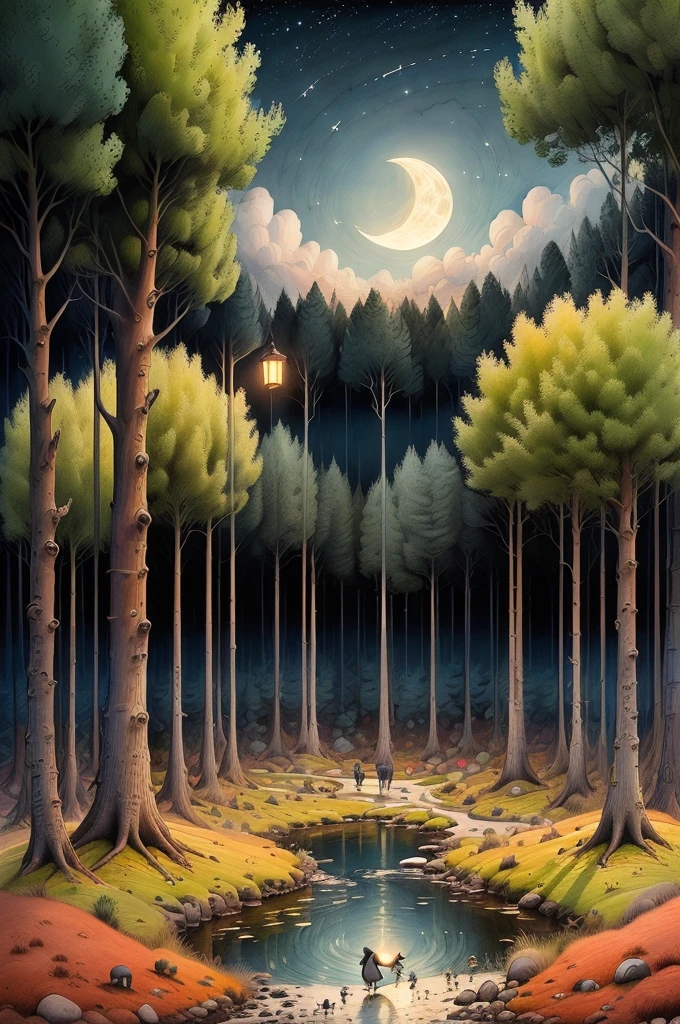 night pond:1.5, (masterpiece),(Best quality:1.0), (Ultra-high resolution:1.0), detailed illustration, detailed landscape, vibrant colors, 8K, night, moon clouds, (( magical, beautiful, trees:1.4 )), (( Best quality, vibrant, 32k light and well-defined shadows)).