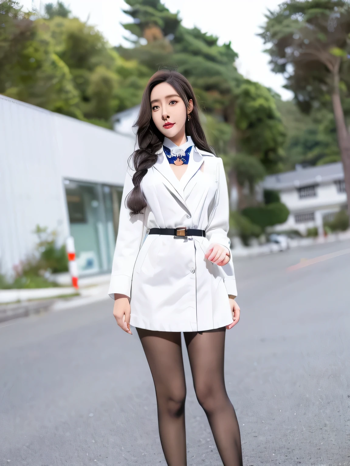 multi-layer clothing,((Half white coat outside)),(sailor collar school uniform),shirt, pleated skirt,(black pantyhose),[:(Detailed face:1.2):0.2], original photo, (masterpiece), (best quality), high resolution, (actual, photo-actual:1.2), Super detailed, Physically based rendering, 1 girl, air bangs, long hair, (Silver hair), curls,