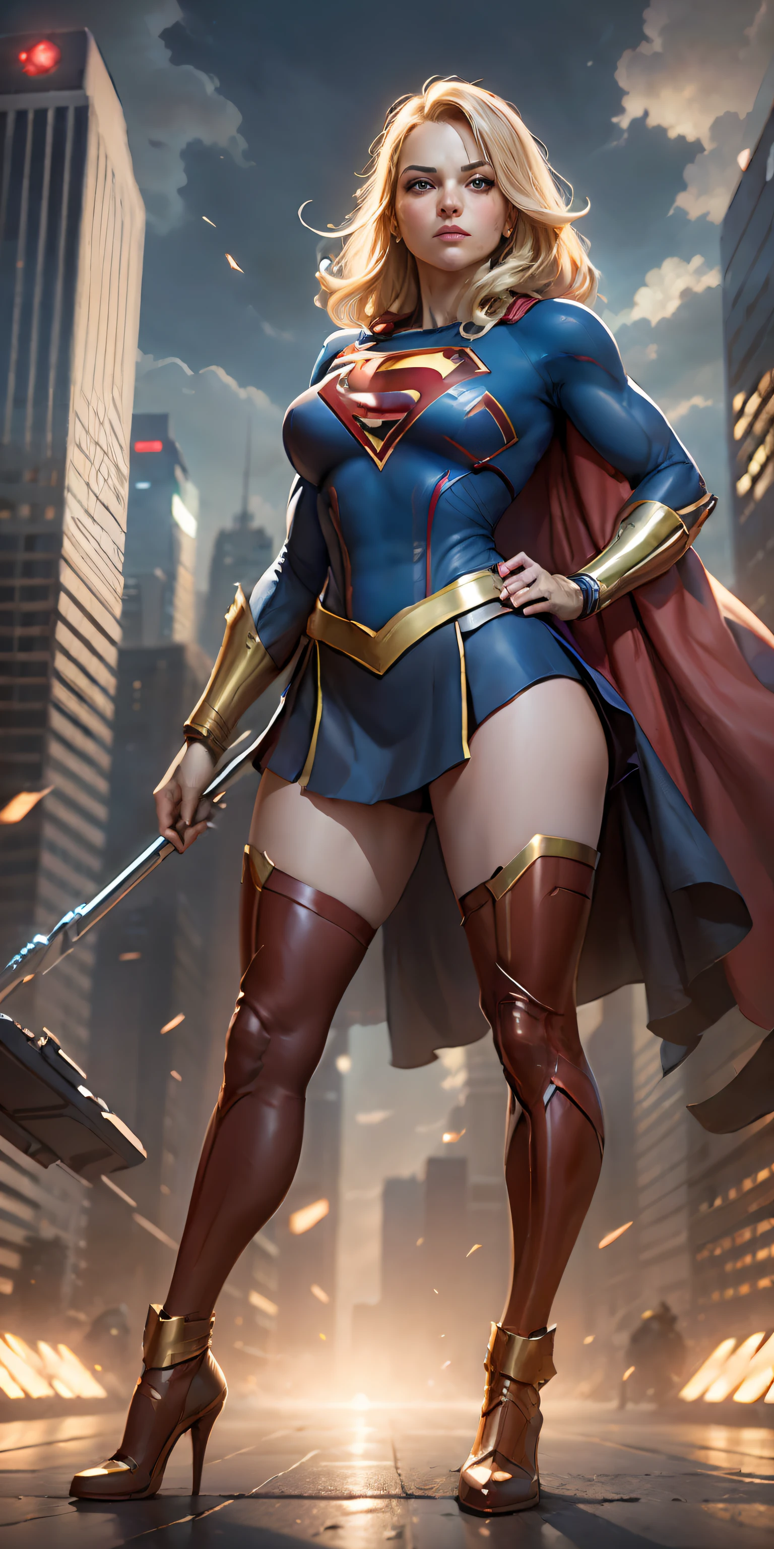 Supergirl from DC, big breasts, frontal, full-length, looking at the camera, facing the audience, standing pose, sky over Metropolis background, three-dimensional light, detailed full-body concept, sleek digital concept art, beautiful full-body concept art, art trend, CGsociety full-length,