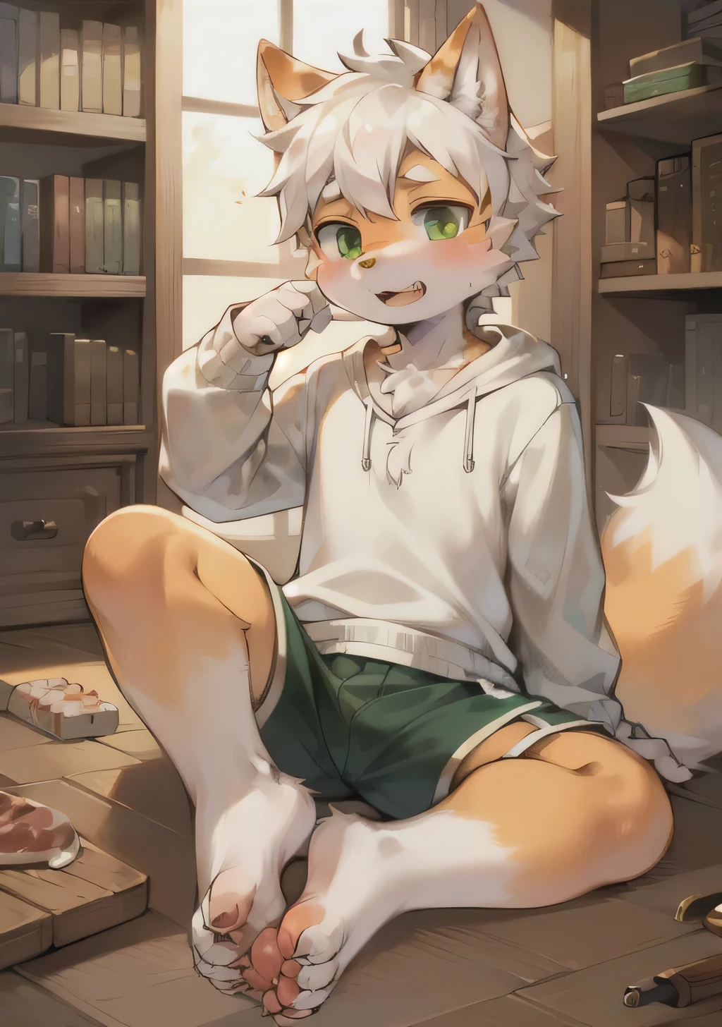 8K, masterpiece, best quality,charming Illustrations,number,brightness,(Detailed background)Orange and White Fox Orc,,young(Shota),(white hair,fluffy hair,Character focus)hairy chest,green eyes,Full fur shorts,White sweatshirt,alone,indifferent,Detailed facial details(long canine teeth,furry tail)charming,bedroom,sit on the floor,bookshelf,(anatomically correct)(meat pad,Feet close-up)