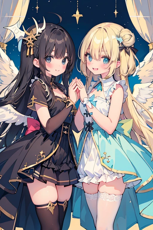 beautiful illustrations, highest quality, pretty girl,beautiful girl、clear face、 half girl、pastel colour ,blonde、black hair、black eyes、smile、blush、にこやかなsmile、thighs、Devil girl and angel girl、two girls、fantasy、fantasy、perfect hands、five fingereet、facing each other、