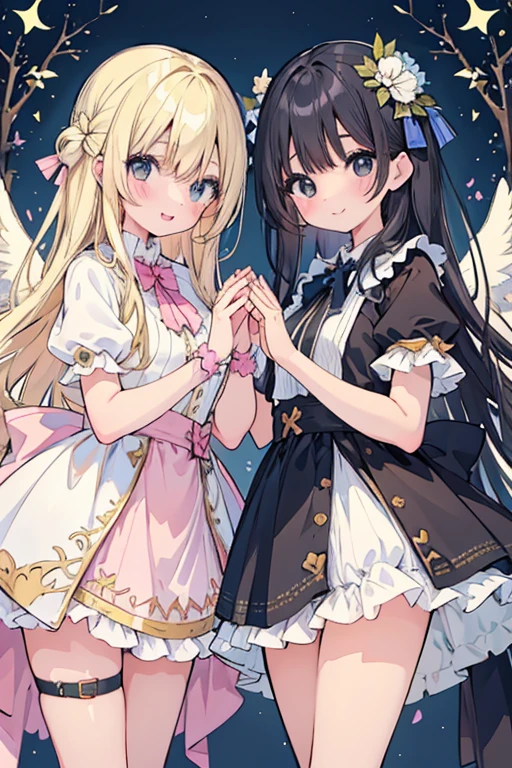 beautiful illustrations, highest quality, pretty girl,beautiful girl、clear face、 half girl、pastel colour ,blonde、black hair、black eyes、smile、blush、にこやかなsmile、thighs、Devil girl and angel girl、two girls、fantasy、fantasy、perfect hands、five fingereet、facing each other、