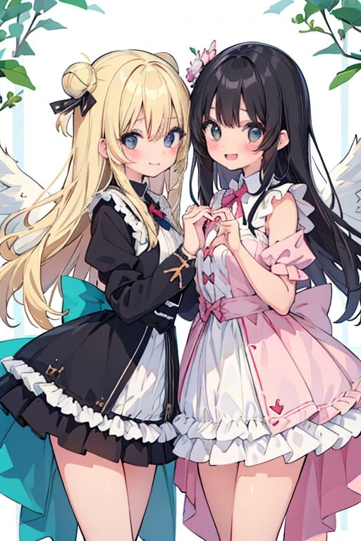 beautiful illustrations, highest quality, pretty girl,beautiful girl、clear face、 half girl、pastel colour ,blonde、black hair、black eyes、smile、blush、にこやかなsmile、thighs、Devil girl and angel girl、two girls、fantasy、fantasy、perfect hands、five fingereet、facing each other、