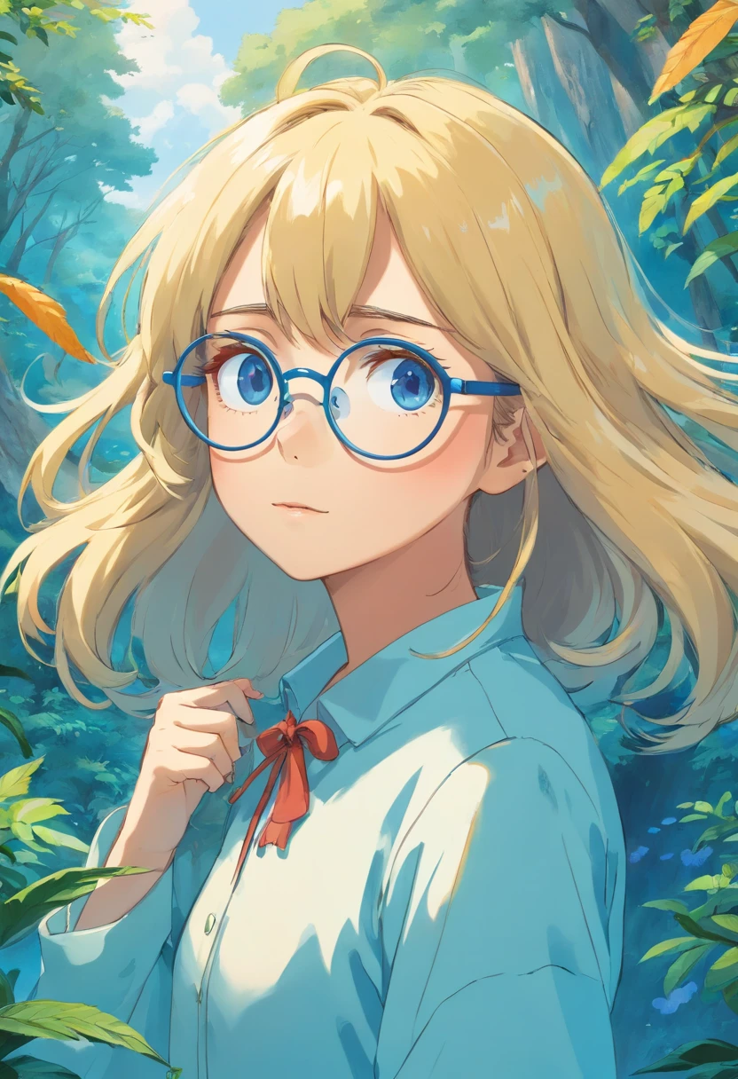 Chica de pelo rubio y muy ondulado con ojos azules y lentes