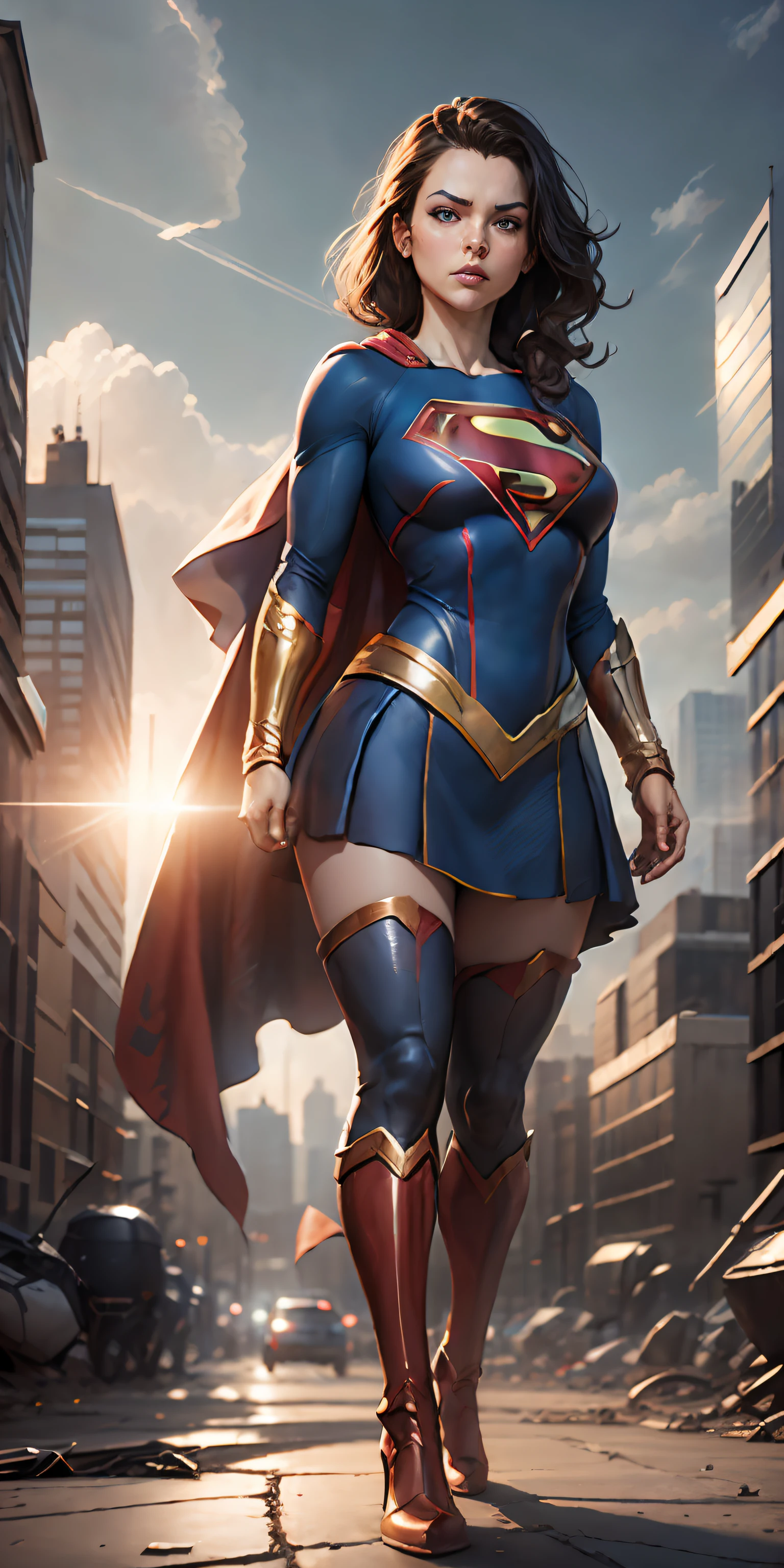 Supergirl from DC, big breasts, frontal, full-length, looking at the camera, facing the audience, standing pose, sky over Metropolis background, three-dimensional light, detailed full-body concept, sleek digital concept art, beautiful full-body concept art, art trend, CGsociety full-length,