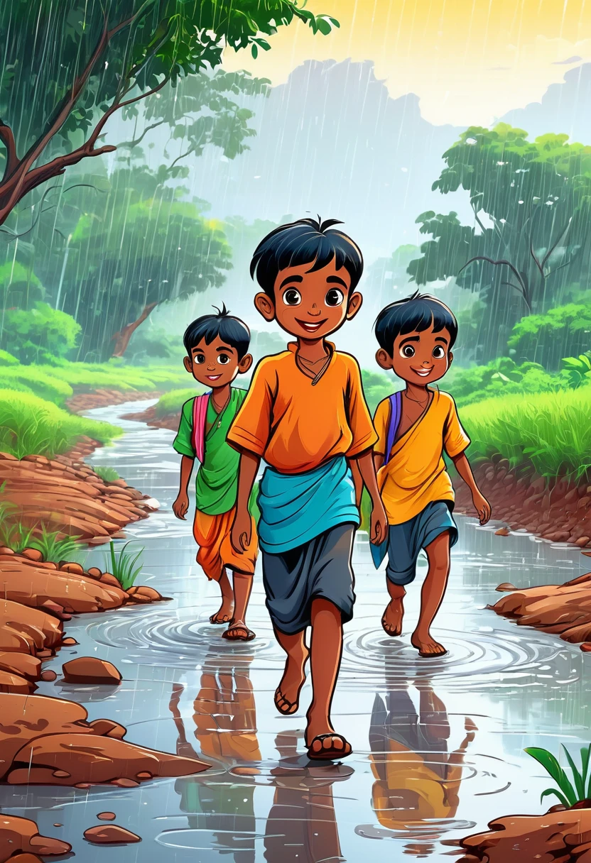 Little boy Raju joining other children from the village as they walk towards a glistening river after a heavy rainfall. Cartoon style