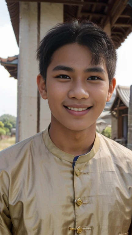 20 years old  Beautiful Burmese in traditional dress  boy  Smiling face, friendly look, smiling at the camera, detailed clear view background, pagodas seen in the distance, farmland, natural beauty