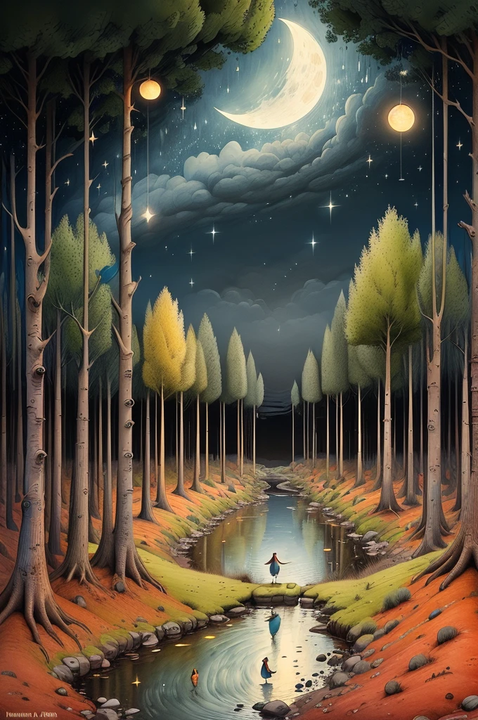 night pond:1.5, (masterpiece),(Best quality:1.0), (Ultra-high resolution:1.0), detailed illustration, detailed landscape, vibrant colors, 8K, night, moon clouds, (( magical, beautiful, trees:1.4 )), (( Best quality, vibrant, 32k light and well-defined shadows)).