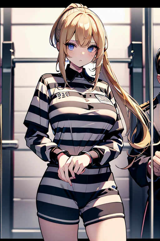 blonde hair, long hair, ponytail, blue eyes, black and white striped jumpsuit, prison uniform, prisoner, prisoned, jailed, jail cell, huge breasts, handcuffed, chained