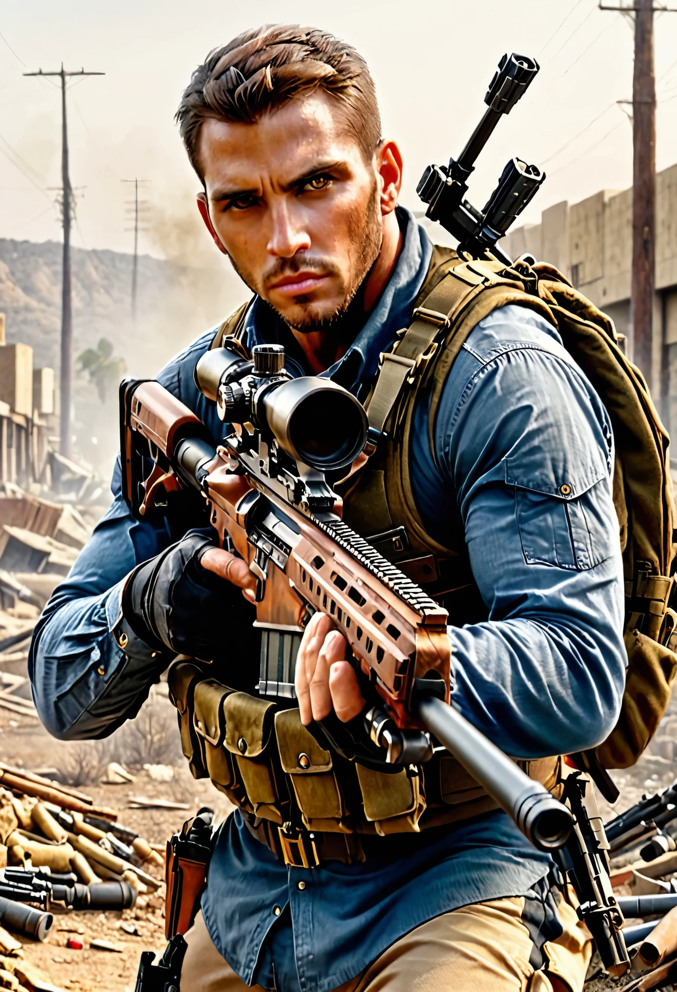 mercenary, male focus, holding an sniper rifle, (african-american), brown hair, hazel eyes, load-bearing vest, ammunition belt, danger atmosphere, los angeles, war zone