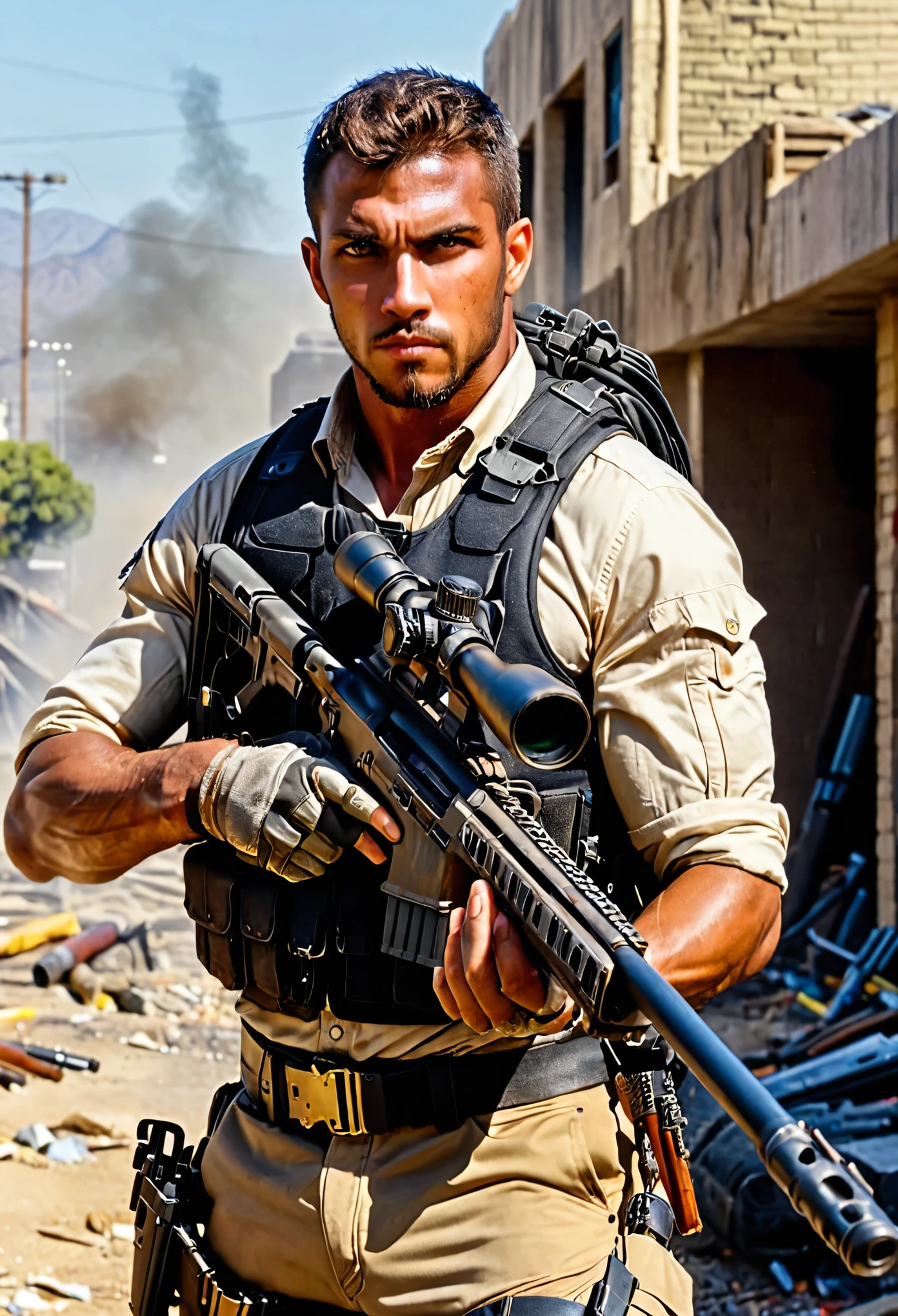 mercenary, male focus, holding an sniper rifle, (african-american), brown hair, hazel eyes, load-bearing vest, ammunition belt, danger atmosphere, los angeles, war zone