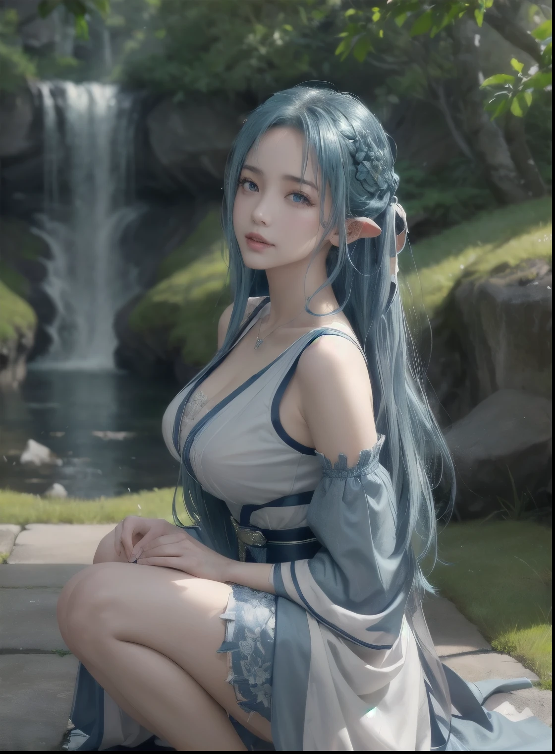  delicated best quality ,masterpiece, illustration, an extremely delicate and beautiful, extremely detailed ,CG ,unity ,8k wallpaper, Amazing, finely detail, masterpiece,best quality,official art,extremely detailed CG unity 8k wallpaper,absurdres, incredibly absurdres, huge filesize , ultra-detailed, highres, extremely detailed, beautiful detailed girl, extremely detailed eyes and face, beautiful detailed eyes, light on face, 1girl, anime style, (masterpiece:1.35),(bestquality:1.4), 8k,ultra-detailed, photography, (ultra-realistic:1.4), Realistic Photo, film grain, Fujifilm XT3, (depth of field)!!, female focus, mature female, (sexy Asian female:1.45), adult, ultra white skin, delicate face, delicate skin realistic skin, make over face, (looking at viewer)!!, bare shoulders, blush, closed mouth, seductive smile, fresh lips, detached sleeves, earrings, fingernails, hair between eyes, hair bangs, (ultra shine blue hair)!!, hair braid, very long hair, detailed realistic hair, japanese clothes, kimono clothes, detailed realistic clothes, jewelry, detailed jewelry, short dumbbell neck, neck garter, leather necklace, plump breasts, (breast cleavage)!!, super seductive temptation, open skirt, slim legs, petticoat, fishnet legs, stockigs, smooth thighs cleavage, garter thighs, armpit, erotic, nontraditional asuna, (sharp eyes)!!, (eye's pupils colored by blue:1.25)!!, (homochromatic eyes)!!, (exposed eyes)!!, ultra wide angel, (flower plain)!!!!, (leaning against a single tree)!!!!, waterfall, There are birds in the sky, There are butterflies, japanese shrine, The sky is blue, asuna \(Sword Art Online\), (correct anatomically)!!
