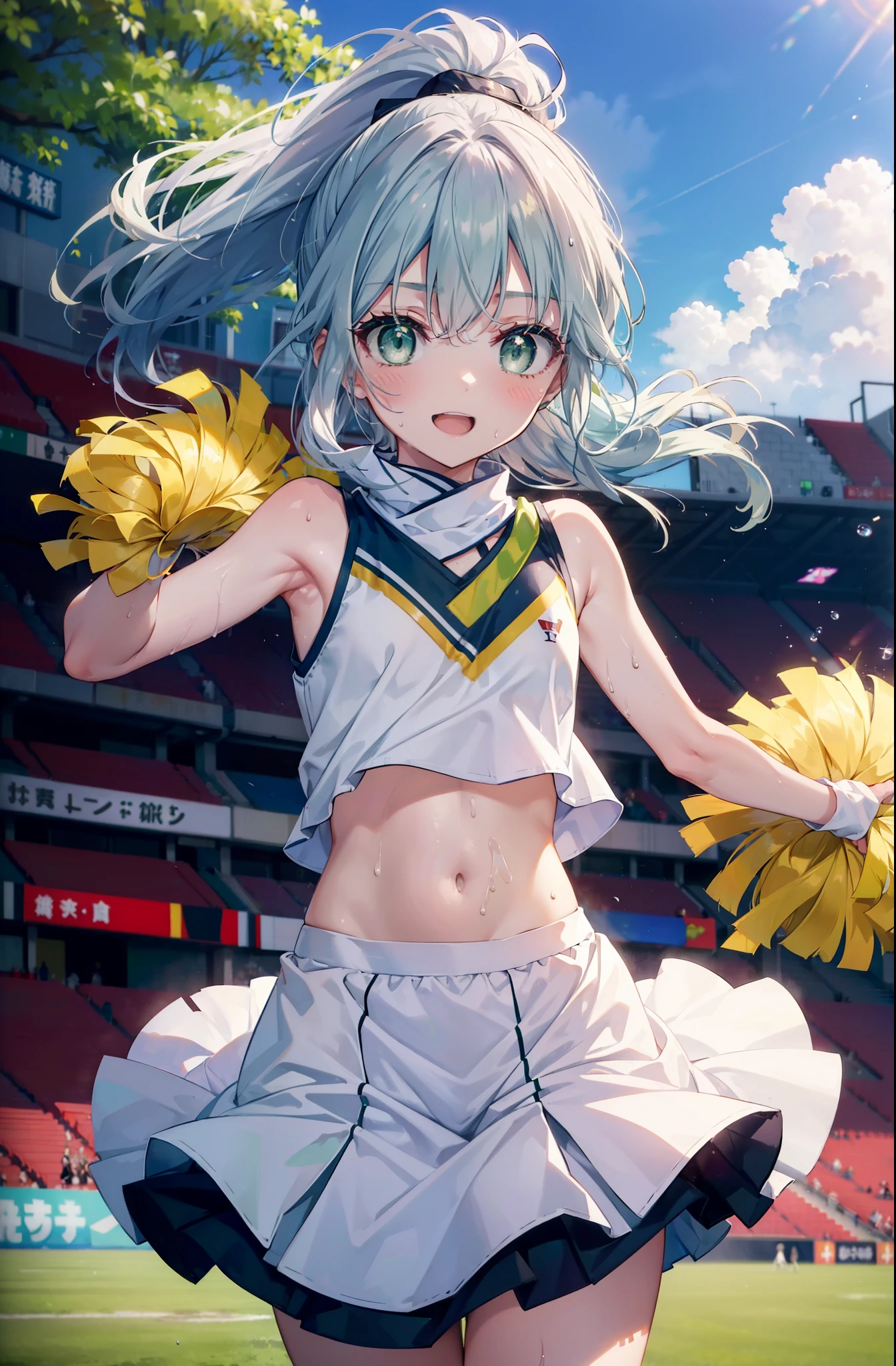 index, index, (green eyes:1.5), silver hair, long hair, (flat chest:1.2),smile,blush,open your mouth,ponytail,(Cheerleader), (whole body), lower, (sweaty), sweaty Wet Clothes, (white clothes), , Belly button support, playground, (jump), (jump), 足を曲げてjumpする, air, blue sky, Grass原, smile,Cheerleader, pom pom \(Cheerleader\), Grass, smile, 
break looking at viewer, Upper body, whole body,
break indoors, stadium,
break (masterpiece:1.2), highest quality, High resolution, unity 8k wallpaper, (shape:0.8), (fine and beautiful eyes:1.6), highly detailed face, perfect lighting, Very detailed CG, (perfect hands, perfect anatomy),